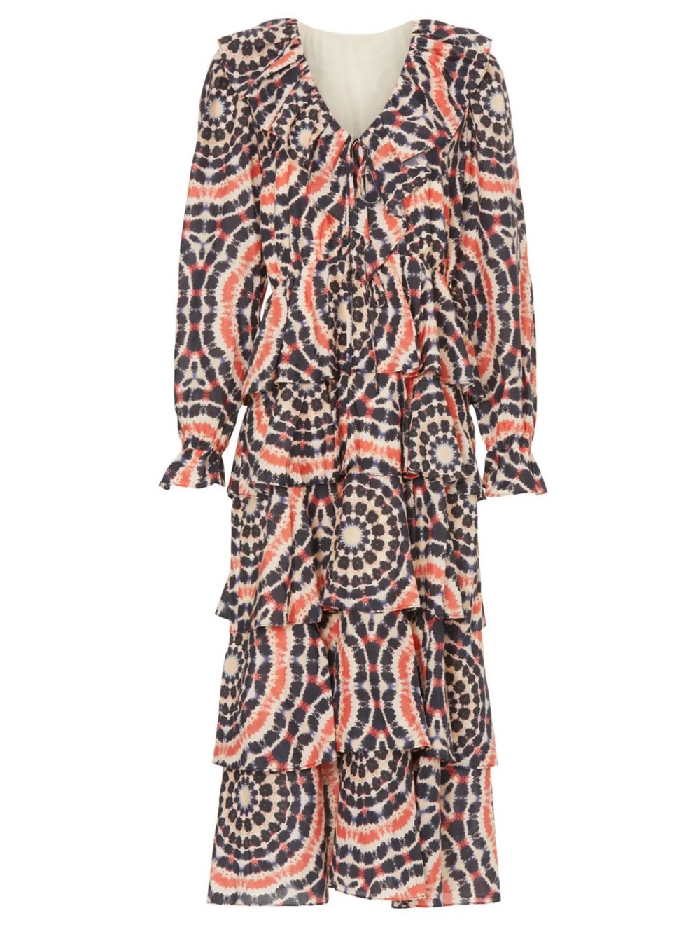 Marie Oliver Blythe Tie-Dye Ruffle-Tiered Midi Dress, size medium
